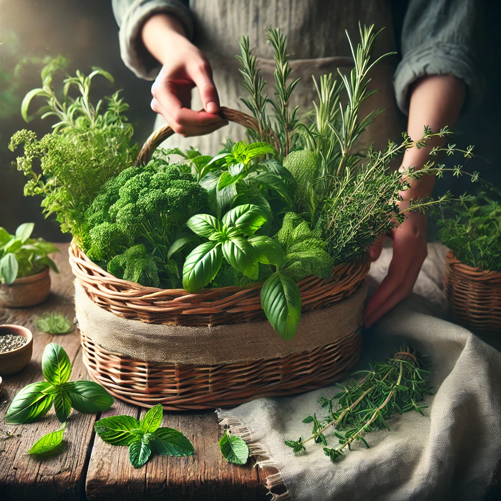dall·e 2025 03 11 10.01.00 a beautifully arranged wicker basket filled with fresh herbs like basil, rosemary, thyme, mint, and oregano. the basket sits on a rustic wooden table